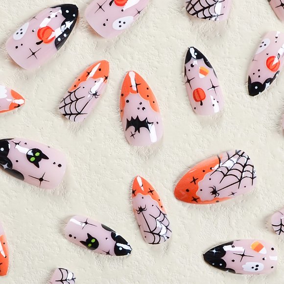 🎃🕸️NEW Pumpkin Ghost Halloween Almond Oval Medium Nails 👻🕸️💅🏻 - Picture 2 of 5